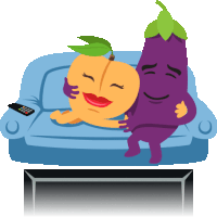 a peach and an eggplant are hugging on a couch