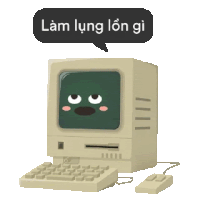 a computer with a green face and a speech bubble that says " lam lung lon gi "