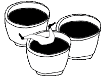 a black and white drawing of three cups of coffee with a person 's legs sticking out of one of them