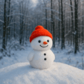 a snowman wearing a red hat and smiling