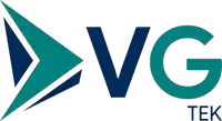 a blue and green logo for vg tek with a triangle