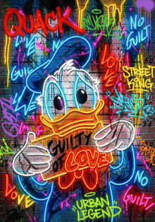 a neon sign of donald duck with the words guilty of love on it