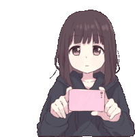 a pixel art of a girl holding a pink phone .