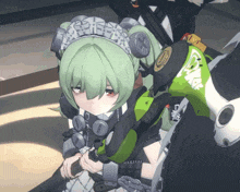 a girl with green hair is wearing a maid 's hat and headphones