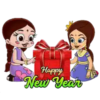 a happy new year greeting card with two girls holding a gift box