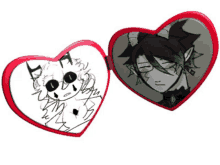 a heart shaped mirror with a drawing of a demon and a drawing of a man with horns