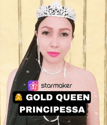 a woman wearing a tiara and a black dress with the words gold queen principessa on the bottom