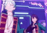 a couple of anime characters standing next to each other with the words love me above them