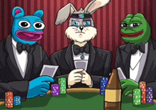 three cartoon characters are playing poker with a bottle of beer on the table .