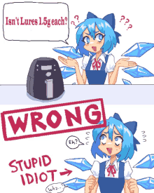 a cartoon of a girl with blue hair and the words wrong and stupid idiot below her