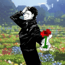a black and white drawing of a man holding a red rose in front of a field of flowers