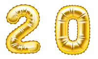 the number 20 is written in gold balloons on a white background
