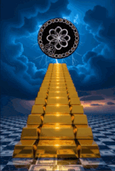 a staircase of gold bars with a coin in the middle