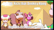 a cartoon of donkey kong says i 'll kick that donkey kong right in his donkey dong