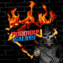 a picture of a skeleton holding a chain with the words roboiboy galaxy behind him