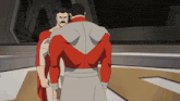a cartoon of a man in a red and white suit