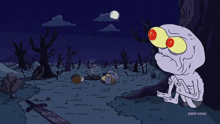 a cartoon character from adult swim is standing in a cemetery at night