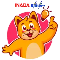 a cartoon cat giving a thumbs up with a light bulb above his head and the words inada battery below him