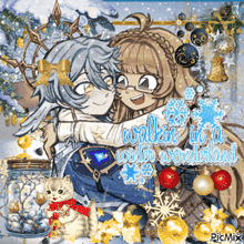 a picture of two girls hugging with the words " walkin in a winter wonderland " above them
