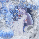 a picture of a woman with a butterfly in her hair and the words halloween on the top