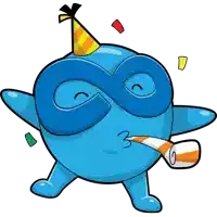 a cartoon character wearing a mask and a party hat blowing a party horn