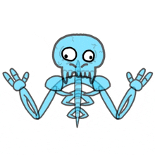 a cartoon drawing of a skeleton with its arms outstretched and a long nose .