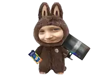 a person in a bunny costume is holding a packet of nestle
