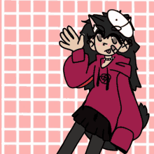 a drawing of a girl wearing a pink hoodie and a black skirt