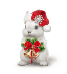 a white rabbit wearing a santa hat and holding a pair of bells