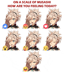 a picture of a girl with different facial expressions and the words " on a scale of musashi how are you feeling today "