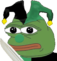 a green frog wearing a jester hat is holding a knife