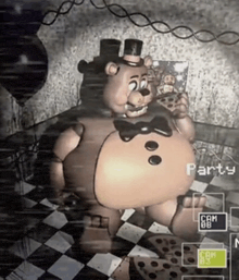a teddy bear with a top hat and bow tie is standing in a room with balloons and the word party on the bottom
