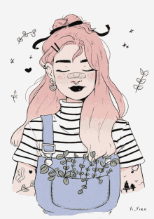 a drawing of a girl with pink hair and overalls with a plant in her pocket