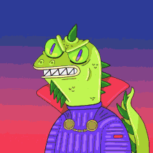 a cartoon drawing of a lizard wearing a purple sweater and a red cape