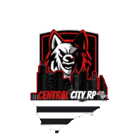 a logo for central city rp with a wolf and a city skyline