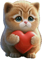 a small kitten holding a red heart in its paws