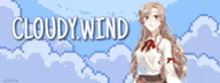 a pixel art of a girl in a white dress standing in the clouds .