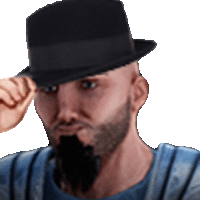 a man with a beard is wearing a black hat