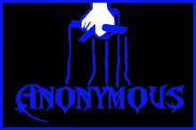 a blue anonymous logo with a hand holding a blue object