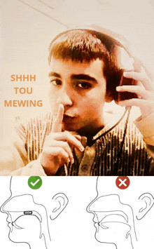 a young man with headphones holds his finger to his mouth and says shhh tou mewing