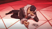 a man is laying on the floor with a pile of cigarettes