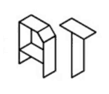 a black and white drawing of a cube and a t .