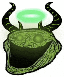 a troll face with horns and a green light coming out of it 's eyes .