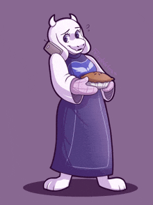 a drawing of a goat holding a pie and a cell phone