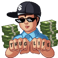 a cartoon of a man wearing sunglasses and a hat holding up his fists with the word thug life written on them