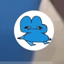 a blue cartoon character in a white circle on a blue background