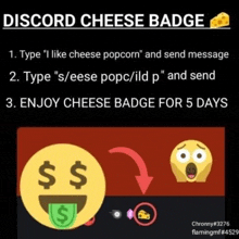 a screenshot of a discord cheese badge that says `` i like cheese popcorn '' and sends a message .