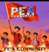 a pea community poster shows a group of kids holding a red flag