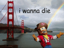 a san francisco 49ers mascot stands in front of the golden gate bridge with a rainbow in the background