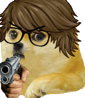 a dog wearing glasses is holding a gun